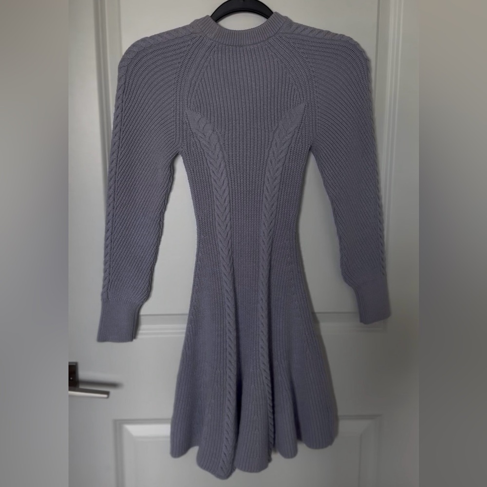 Anthropologie Gray Blue Cable-Knit Long Sleeve Fit-and-Flare Dress - Picture 2 of 6